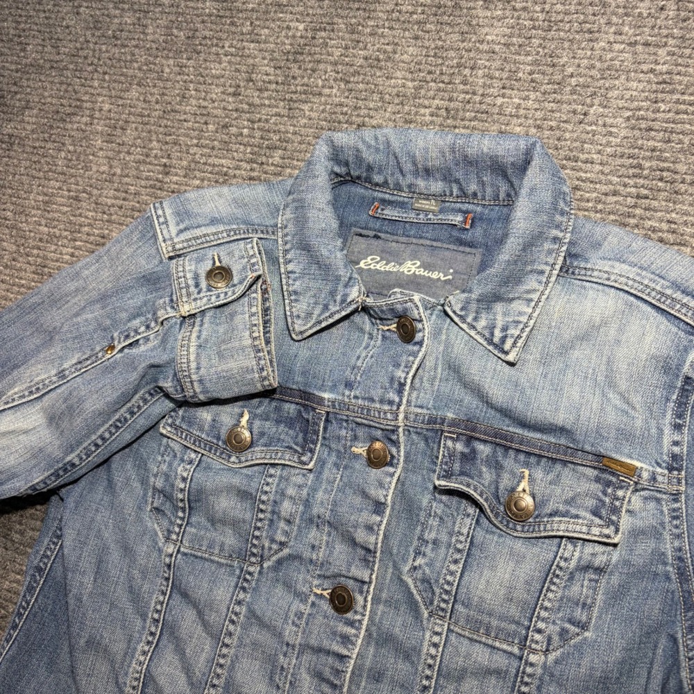 Eddie Bauer Womens TL Denim Trucker Jacket Light Wash Stretch Blue Cotton TL